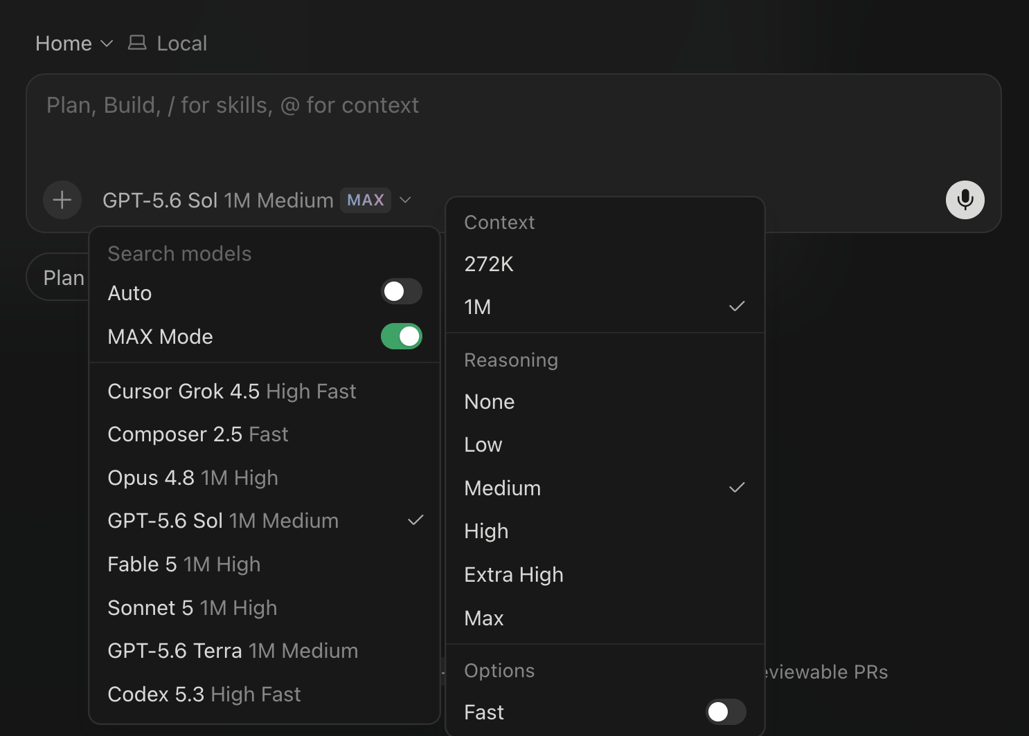 Cursor model picker selecting GPT-5.6 Sol