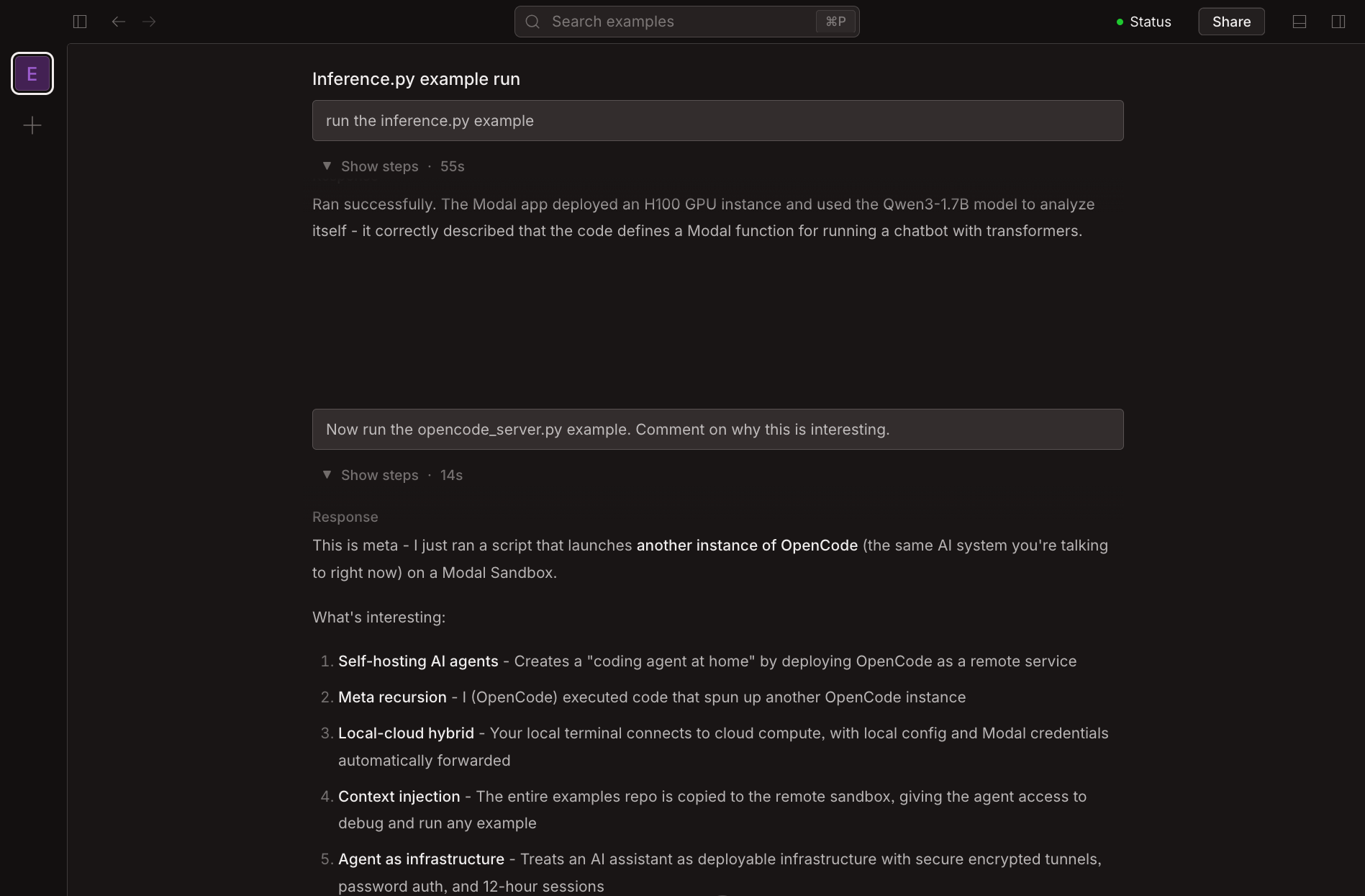 A screenshot of the OpenCode Web UI showing this coding agent running its own code