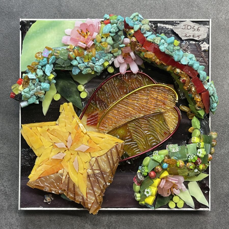 Glass mosaic depicting flowers.