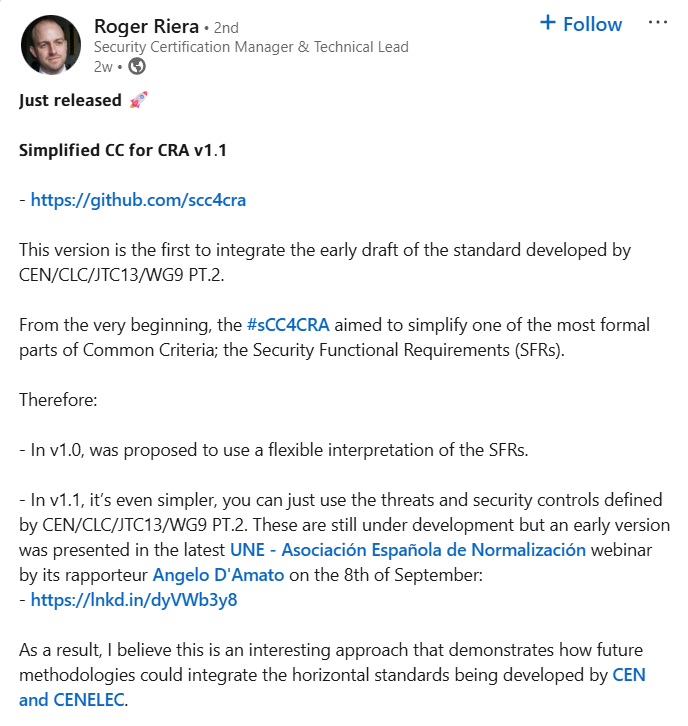 Roger Riera's LinkedIn post about 𝗦𝗶𝗺𝗽𝗹𝗶𝗳𝗶𝗲𝗱 𝗖𝗖 𝗳𝗼𝗿 𝗖𝗥𝗔 𝘃𝟭.𝟭