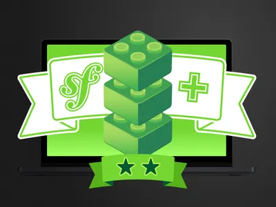 Symfony with a plus and Lego bricks on a green background with 2 stars