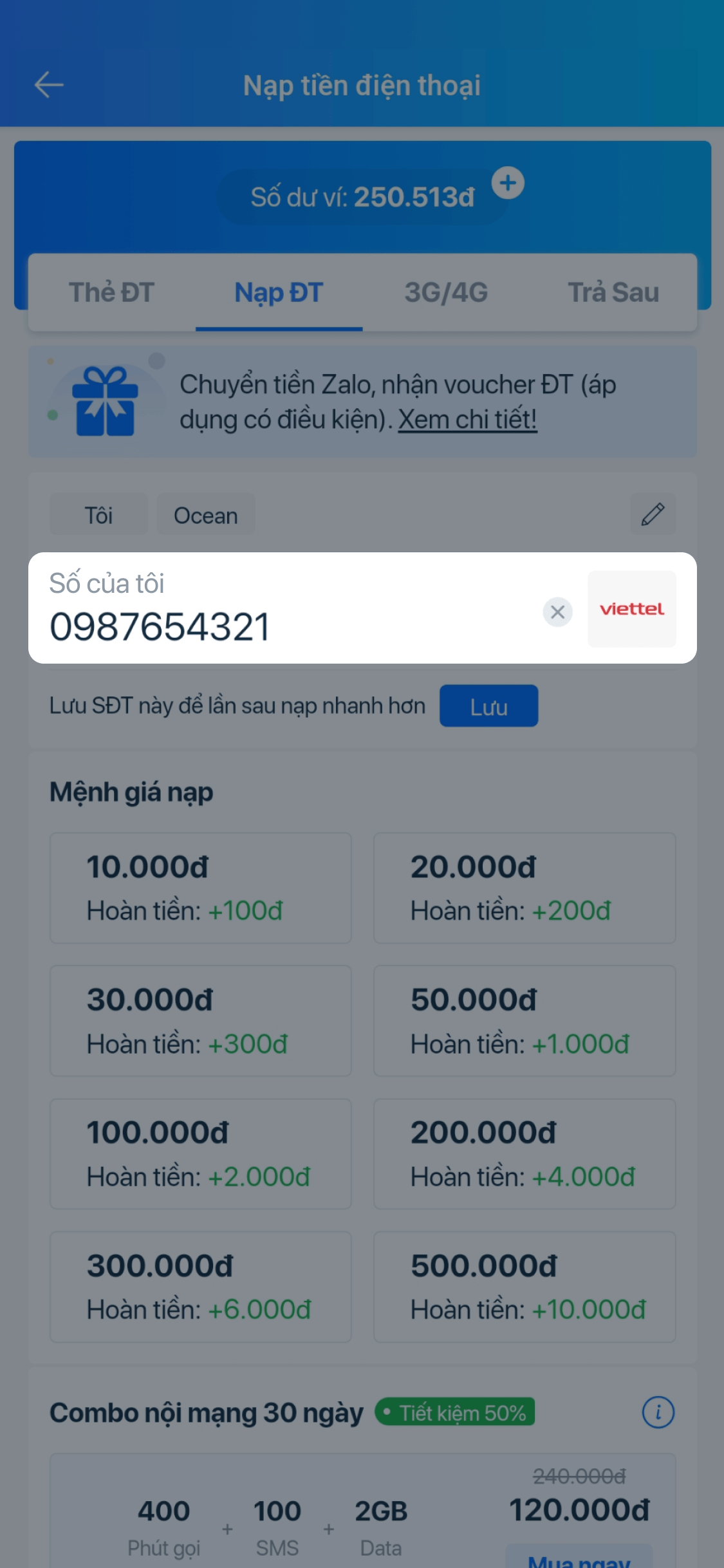 Nạp tiền điện thoại trên ZaloPay