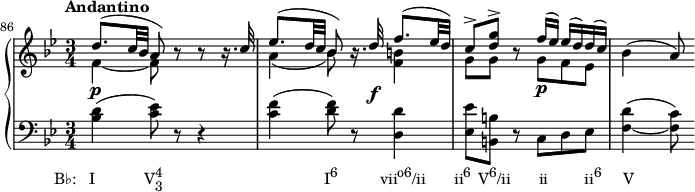 {
#(set-global-staff-size 15)
\override Score.SpacingSpanner.uniform-stretching = ##t
\set Score.proportionalNotationDuration = #(ly:make-moment 1/8)
\new PianoStaff <<
\new Staff <<
\new Voice \relative c'' {
\override DynamicLineSpanner.staff-padding = #4
\set Score.currentBarNumber = #86
\bar ""
\tempo "Andantino"
\key bes \major \time 3/4
\stemUp
d8.^( c32 bes a8) r r r16. c32
es8.^( d32 c bes8) r16. d32\f f8.^( es32 d)
c8^> <d g>^> r8 f16^( es) es^( d) d^( c)
\stemNeutral bes4( a8)
}
\new Voice \relative c' {
\stemDown
f4_~\p f8 s s4
a4_( bes8) s <f b>4
g8 g s g\p f es
}
>>
\new Staff <<
\new Voice \relative c' {
\clef F \key bes \major \time 3/4
<bes d>4(_\markup { \concat { \translate #'(-5.5 . 0) { "B♭: I" \hspace #7 "V" \combine \raise #1 \small 4 \lower #1 \small 3 \hspace #23 "I" \raise #1 \small "6" \hspace #6 "vii" \raise #1 \small "o6" "/ii" \hspace #4 "ii" \raise #1 \small "6" \hspace #1 "V" \raise #1 \small "6" "/ii" \hspace #4 "ii" \hspace #5.2 "ii" \raise #1 \small "6" \hspace #3 "V" } } }
<c es>8) r r4
<c f>4( <d f>8) r <d, d'>4
<es es'>8 <b b'> r c d es
<f_~ d'>4( <f c'>8)
}
>>
>> }