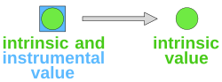 Diagram with a circle inside a box labelled "intrinsic and instrumental value", an arrow, and another circle labelled "intrinsic value"
