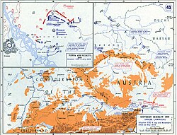 Closeup map of a battlefield, showing French forces moving towards Austrians positions.