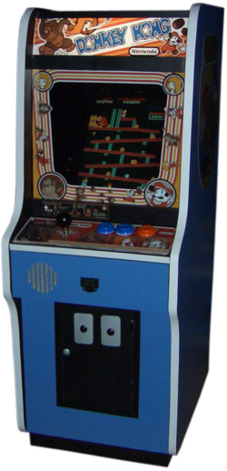 An upright arcade cabinet with a joystick and three buttons, colored in red, blue, white, and black