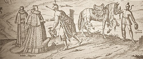 Late-16th-century etching of a Polish cavalryman, his horse, a Turkish captive and two Hungarian noblewomen
