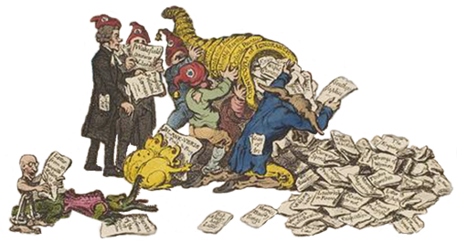 Cornucopia issuing radical pamphlets and surrounded by revolutionaries with tricolor hats.