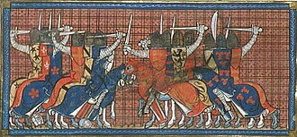 Miniature du XIVe siècle représentant deux troupes de chevaliers en armure s'affrontant, dont l'un est équipé et harnaché aux armes de France et l'autre aux armes de Normandie.