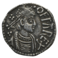 Coin with a man in profile surrounded by lettering reading OFFA REX