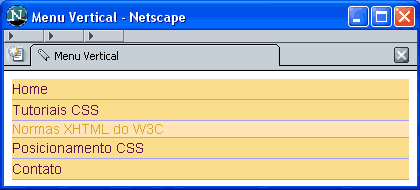 A lista não ordenada renderizada no browser com um link em estado over