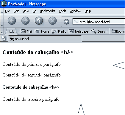 Os dois cabeçalhos e tres parágrafos renderizados no browser e sem estilos aplicado