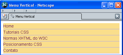 A lista não ordenada renderizada no browser com seus links no estado inicial