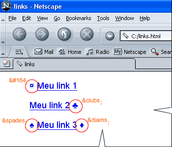 Tres links estilizados com caracteres