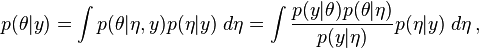 p(\theta|y)
= \int p(\theta|\eta, y) p(\eta | y) \; d \eta
= \int \frac{p(y | \theta) p(\theta | \eta)}{p(y | \eta)} p(\eta | y) \; d \eta\,,
