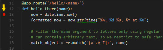 A breakpoint set on the first line of the hello_there function