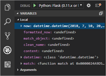 Local variables and arguments in VS Code during debugging