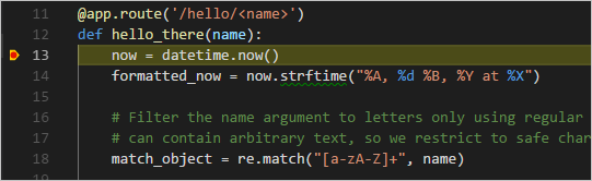 VS Code paused at a breakpoint
