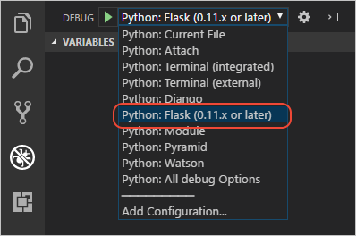 Selecting the Flask debugging configuration