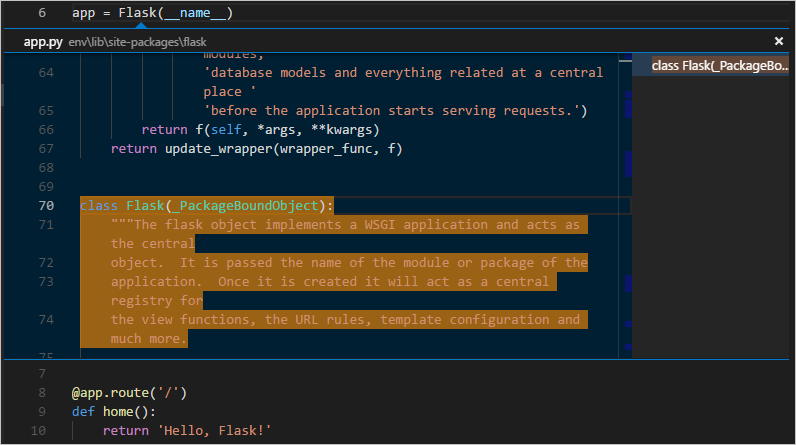 Peek definition showing the Flask class inline
