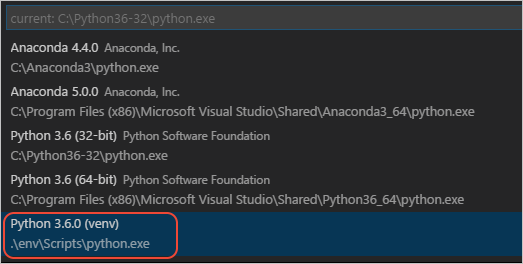 Selecting the virtual environment for Python
