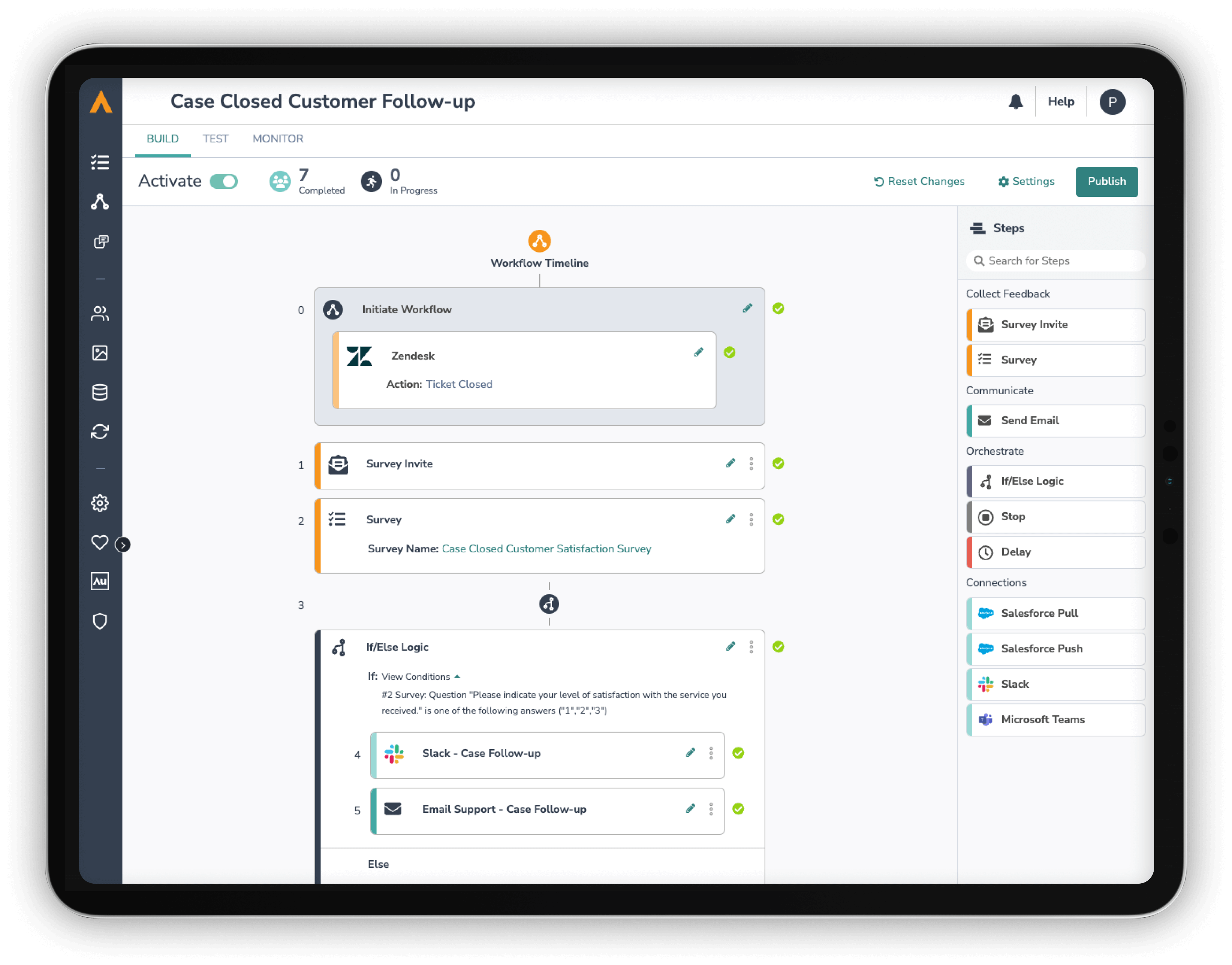 Screenshot of a customer follow-up workflow on a tablet screen. The interface features an Alchemer Dashboard with a timeline displaying stages like Zendesk and Survey Invite, plus actions involving Slack and email support. Various steps and editing options are shown on the right panel.