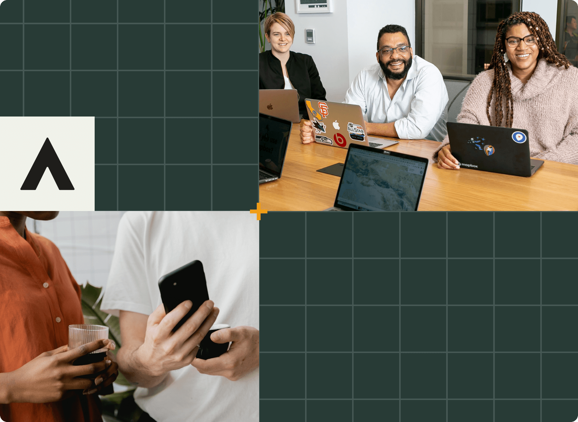 Four people smiling around a table with laptops, symbolizing collaboration and hospitality customer experience with Alchemer.