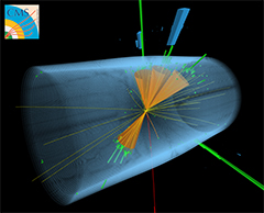 A diagram showing subatomic particles decaying in the Compact Muon Solenoid (CMS) particle detector at CERN
