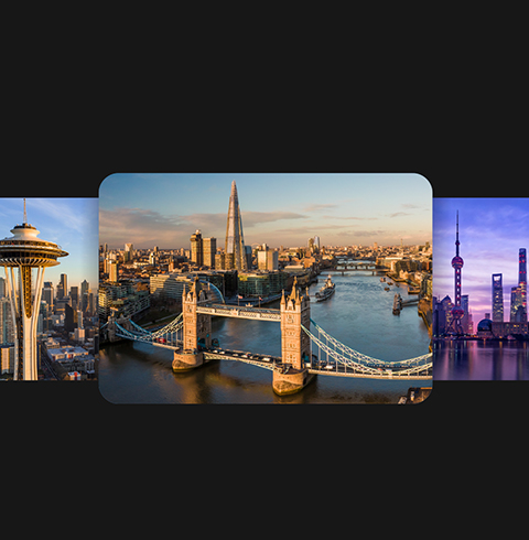 Fotos aéreas de Seattle, Londres e Xangai.