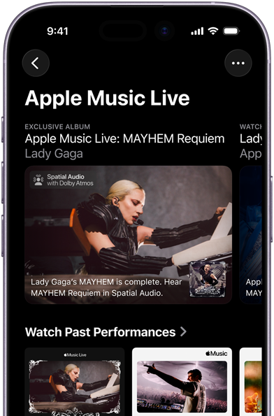Ekran Apple Music Live na iPhonie z widocznymi opcjami Obejrzyj teraz i archiwalne występy