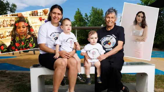 Aunty Violet Sheridan, right, with granddaughter Shaenice Miles and great-grandchildren Archie Milesm, 2, and Klayton Miles, 1, in Rock for Reconciliation T-shirts designed by Shaenice. Inset, performing artists Emily Wurramara and Jem Cassar-Daley. Pictures by Keegan Carroll, supplied