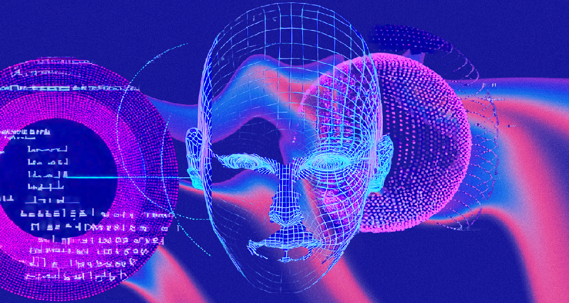 Visage humain stylisé fusionnant avec des circuits numériques, représentant l’intelligence artificielle. Source : www.enseignementsup-recherche.gouv.fr