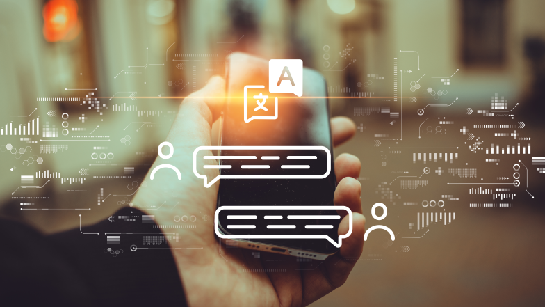 hand holding phone with overlay of translate chatbot conversation