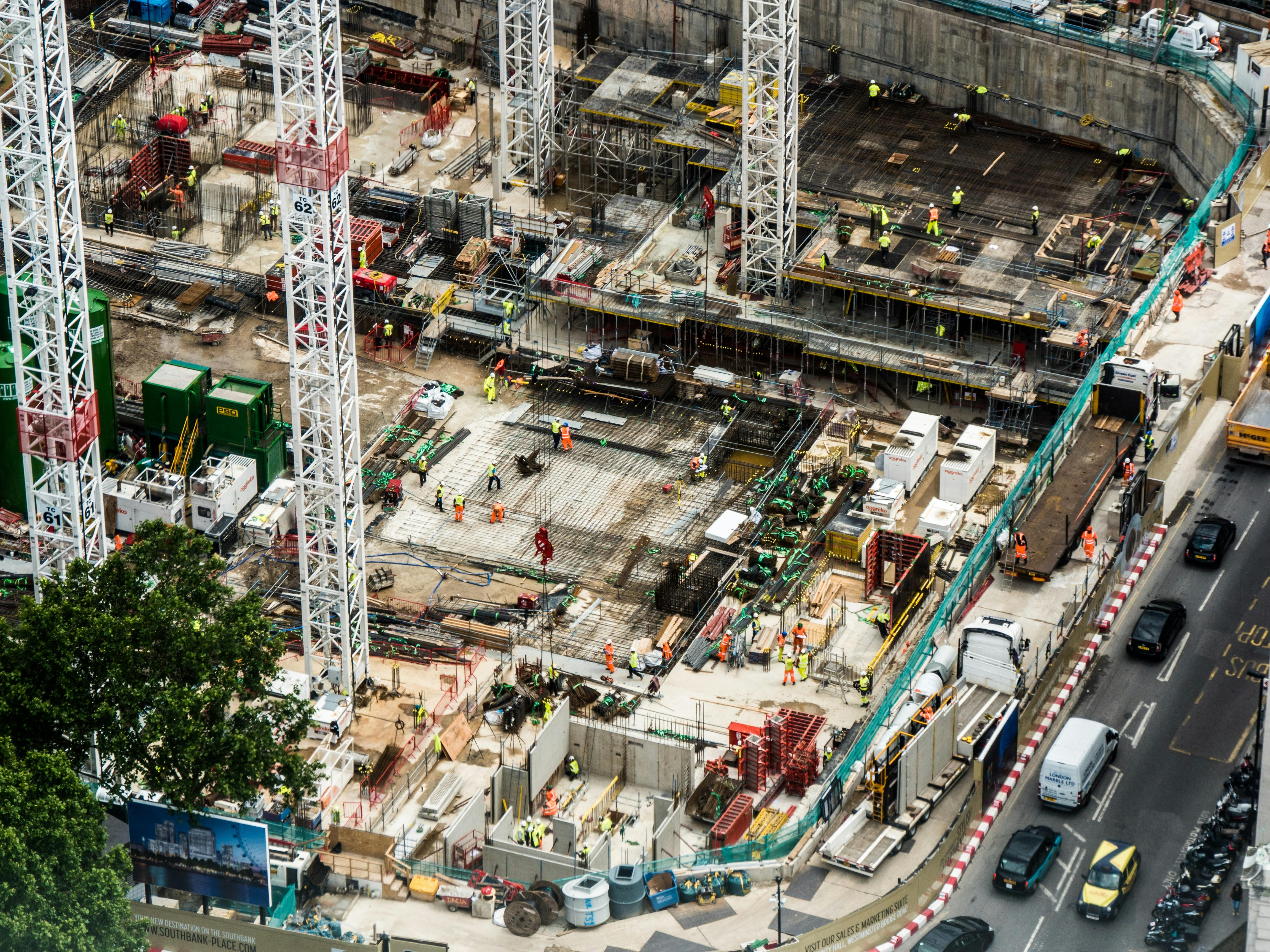 Aerial view of London construction site.