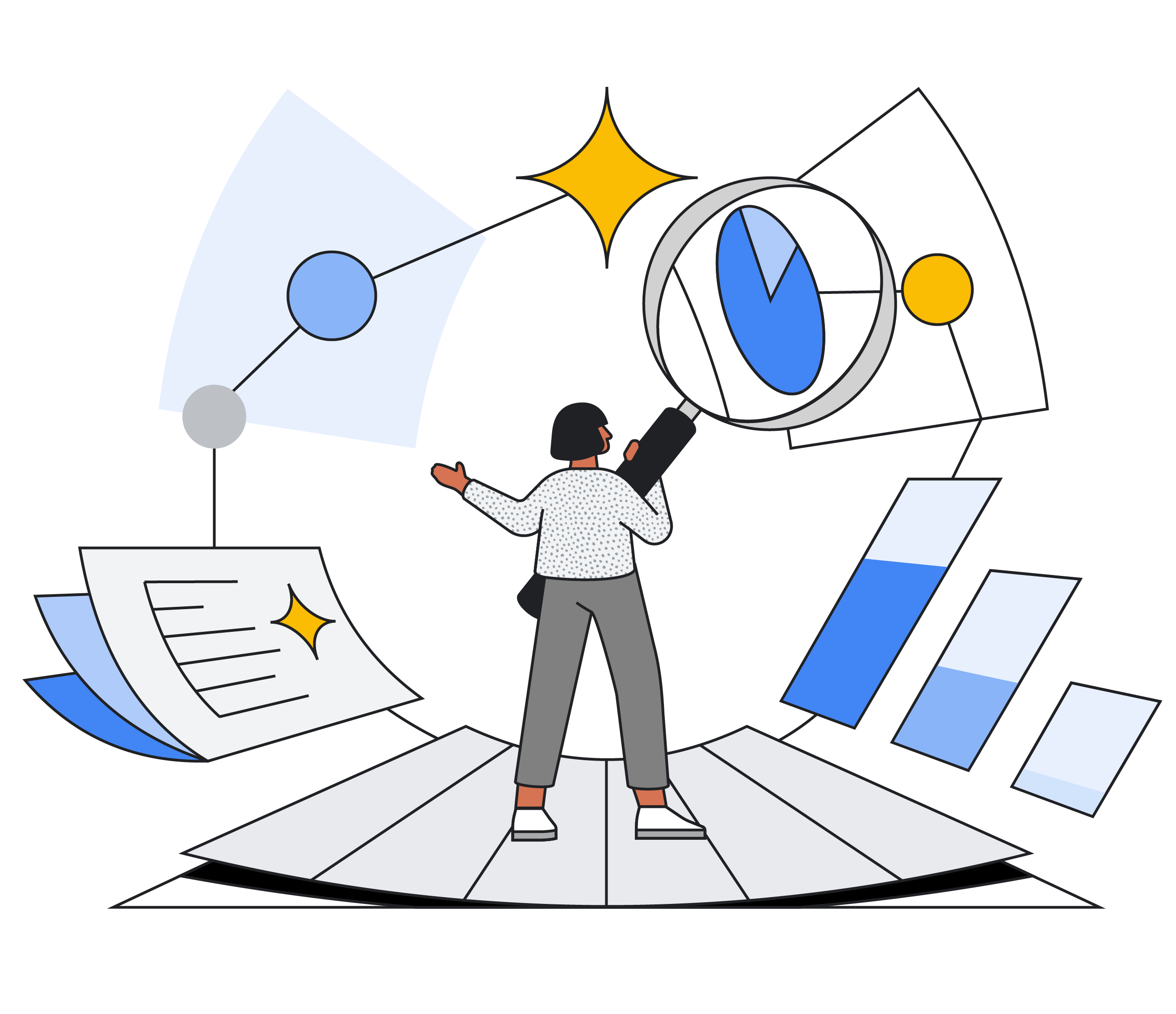 Woman holding magnifying glass looking at data