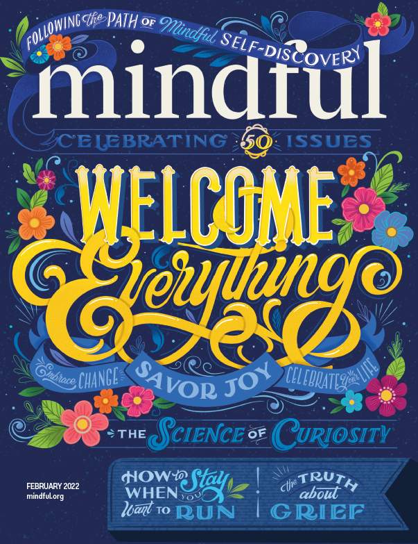 # Alt Text Magazine cover for "Mindful" with the title "Welcome Everything" and floral decorative elements.