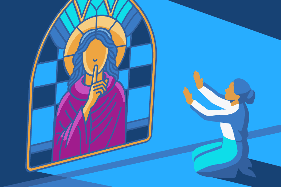 illustration of a woman kneeling in front of a stained glass window