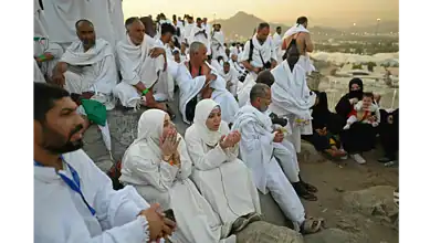 Pilgrims gather on Mount Arafat in Saudi Arabia during the peak of the Haj pilgrimage.