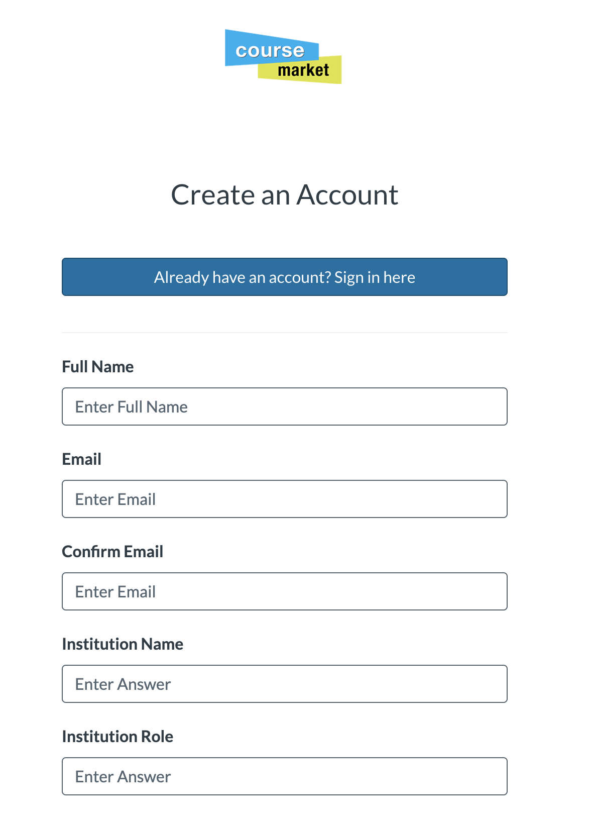 Create an account screen. Blue button prompting people to sign up if they have an account followed by fields to fill in information if they are a new user
