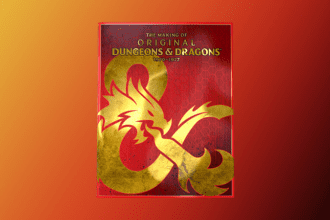Red-and-gold dust jacket cover of The Making of Original Dungeons & Dragons: 1970-1977, on a orange-to-black gradient background